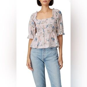 SAYLOR Clover Top Smocked 100% Cotton Crop Blouse Swiss Dot Floral Size Sml 568